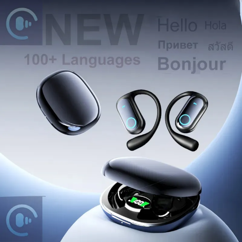 Black wireless earbuds with charging case on a gradient background