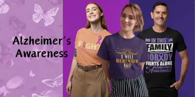 people wearing hoodies and t-shirts with Alzheimer's awareness designs