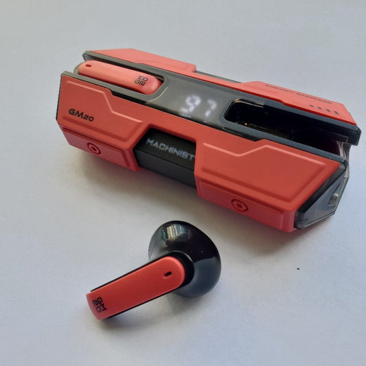 photo of wireless earbuds, shuabudsG20, red color earbuds with charging case