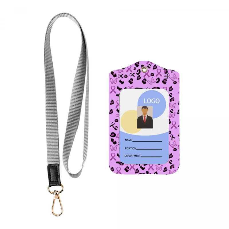 A custom leather name badge card holder with a clear window and a printed name badge on it. The badge features a graphic of a man in a suit and the text 'Logo' and 'Name:'.