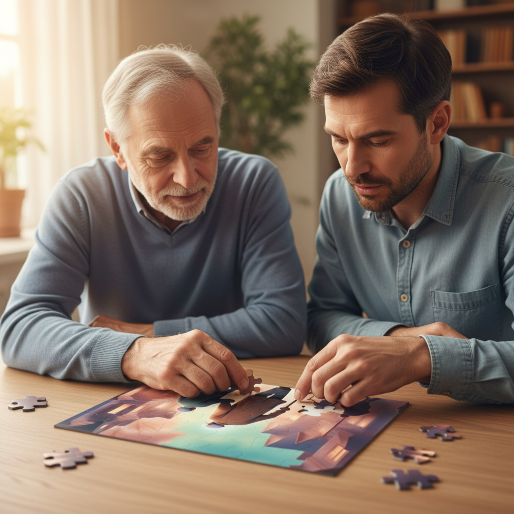 Father and son working on My Father's Father puzzle together