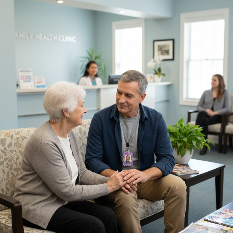 mother and son sit together in waiting room. wearing purple Alzheimer's awareness badge