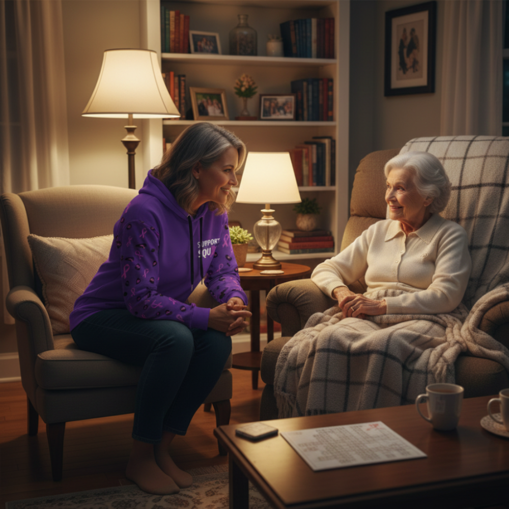 daughter with purple Alzheimer's awareness hoodie and mother sit together in cozy room