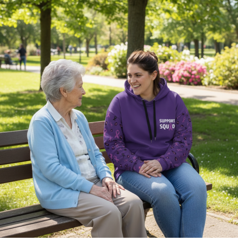 Two women sitting on a park bench, one wearing a purple 'Support Squad' hoodie.