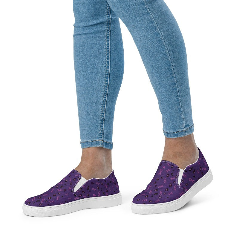 Alzheimer’s awareness Women’s slip on shoes with purple ribbon design. SUPPORT SQUAD!!